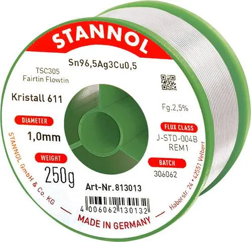 STA 611 TSC 1,0 - Bleifreies Lötzinn mit Silber- und Kupferanteil, 1,0 mm, 250 g, ideal für anspruchsvolles Löten und SMD-Anwendungen