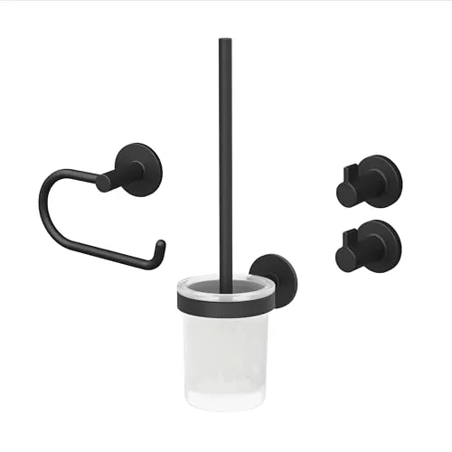 Lenz Bad-Accessoire-Set Nero – 4-teilig in Schwarz-matt - Praktisches Badezimmer-Zubehörset mit Toilettenpapierhalter, WC-Bürstengarnitur und Handtuchhaken. Platzsparende Wandmontage und anti-fingerabdruck Oberfläche für eine stets saubere Optik.