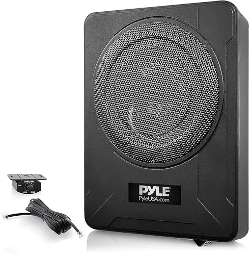 Pyle 600W Untersitz Subwoofer Aktiv – 8" Flacher Auto Lautsprecher mit Verstärker – Car & Marine Speakers mit Variabler Bassboost inkl. Montagematerial & Fernbedienung – Schlankes Design in Schwarz