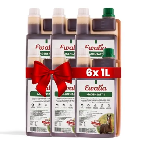 NEU! EWALIA Magensaft II - Spezial-Ergänzungsfuttermittel für Pferde bei Stress & Turnieraufregung - Unterstützung für empfindliche Mägen, mit Tierärzten entwickelt, 100% Natur pur, 6x1 Liter
