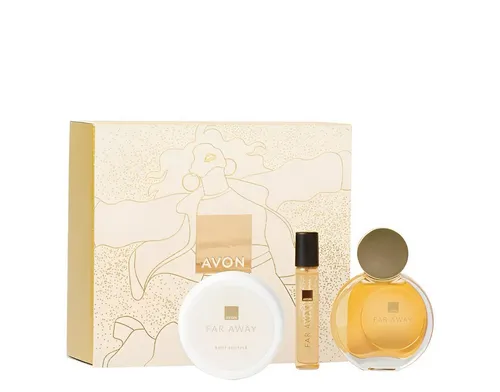 AVON Cosmetics Eau de Parfum Far Away 50ml Geschenkset, Taschenspray, Körpermousse für Damen, 3-tlg., Limitierte Edition mit verführerischen orientalischen Noten