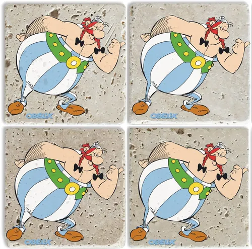 LuckyLinde Getränkeuntersetzer Obelix Motiv, 4-tlg. Set aus Naturstein - Praktische 10x10 cm Untersetzer aus Travertin, ideal für Gläser, Töpfe oder als dekorative Ablage. Bringen Sie mit diesen einzigartigen Designs ein besonderes Flair in Ihr Zuhause.