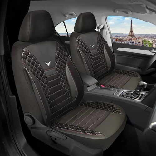 BREMER SITZBEZÜGE für Mercedes C-Klasse W204 S204 - Maßgeschneiderte Autositzbezüge in Schwarz mit weißen Nähten, geeignet für Airbags und Sitzheizung, inklusive praktischen Taschen für zusätzlichen Komfort.