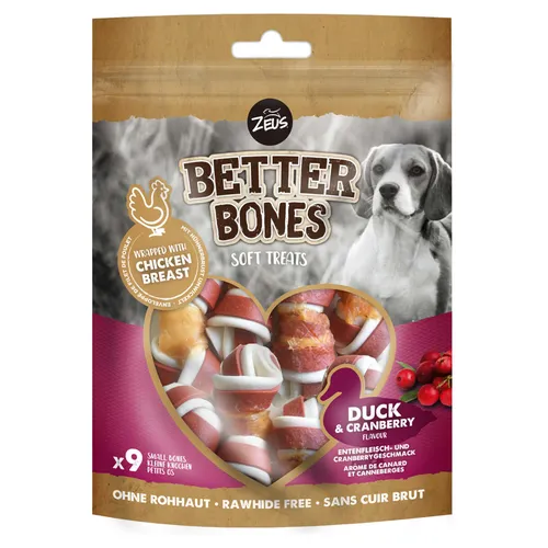 Zeus BetterBones Hundenahrung Small Chicken Bones Ente Cranberry 9 Stück