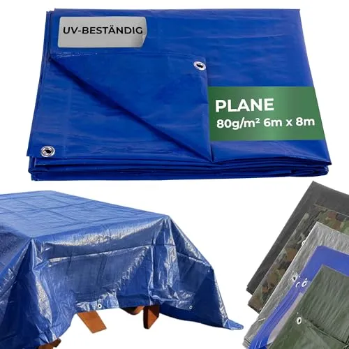 Plane Tarpaulin Standard 6x8 – Abdeckplane mit Ösen, blau - Universell einsetzbare Abdeckplane (6 x 8 m, 80 g/m²) mit doppeltem Saum und Korrosionsschutz-Ösen. Wetterfest, reißfest und flexibel bei Frost. Ideal für Schutz und Abdeckung im Bau und Garten.