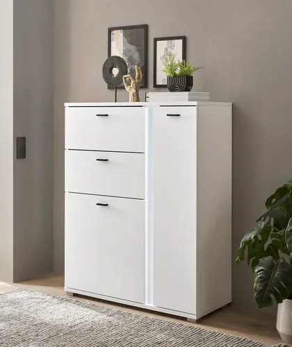 INOSIGN Highboard LONG ISLAND - Modernes Design mit LED-Beleuchtung - Wohnzimmerschrank mit 5 Fächern und 2 Schubladen, inklusive senkrechter LED-Beleuchtung für stilvolle Akzente. Maße: 100x42x125 cm, ideal für ein modernes Zuhause.