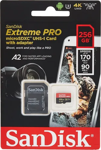 SanDisk 256GB Micro SDXC Extreme Pro 170MB/s U3 A2 V30 - Speicherkarten, 256GB Kapazität mit extrem hoher Geschwindigkeit von 170MB/s, ideal für 4K-Videos und schnelle Fotos.