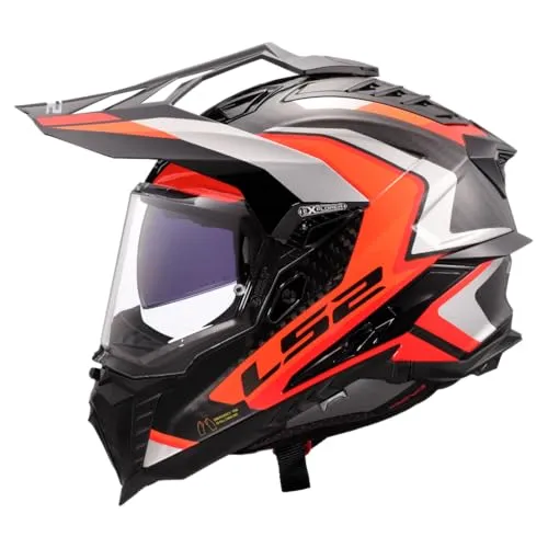 LS2 MX701 Explorer Carbon Frontier II Endurohelm - Schwarz/Orange/Grau - XL - Motorradhelm aus leichtem Carbon mit hervorragender Belüftung und Sicherheitsmerkmalen. Ideal für lange Strecken und jedes Terrain, ausgestattet mit einem kratzfesten Visier und einem Notfall-Release-System.