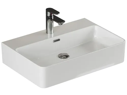 Aqua Bagno Keramikwaschbecken 61cm - Weiß glänzend - Waschbecken mit hygienischer Keramikoberfläche, ideal für modernes Bad. Wandmontage, praktische Ablagefläche und Überlauf bieten zusätzlichen Komfort.