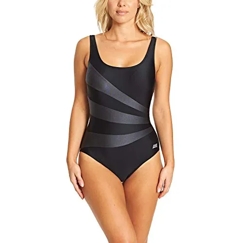 Zoggs Women's Sandon Scoopback Swimming Costume, Foam Cups and Tummy Control Swimsuit, Black, 40-inch/Size 16