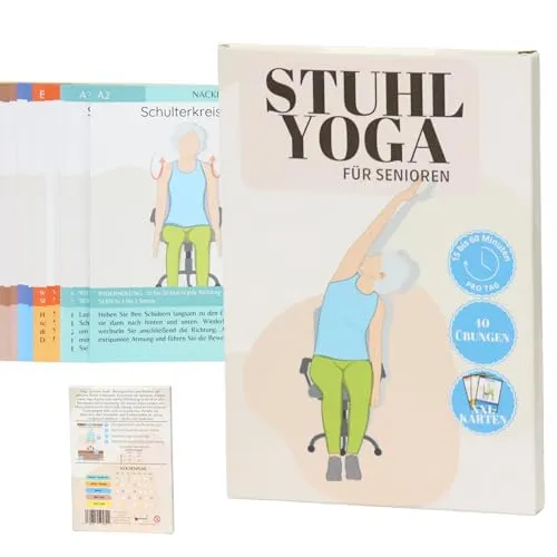 SENIORI Stuhl Yoga Karten XXL A5 – Perfekt für Senioren - Trainingsprogramme für Senioren mit 40 Übungen auf 20 großen A5-Karten – ideal für tägliches Training und hervorragende Sichtbarkeit. Strapazierfähiges Papier mit Soft-Touch-Beschichtung.