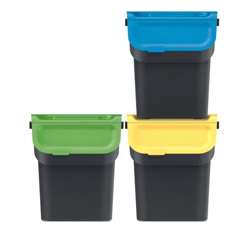 Keden Kaddi Q Mülltrennsystem 3x20L Set - Haushaltszubehör mit 3 robusten Mülltrennkörben (20L) und integrierten Aktivkohlefiltern für geruchsfreie Abfallsortierung. Flexibel stapelbar und mit ergonomischem Griff für einfachen Transport.