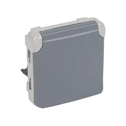 LEGRAND, Plexo Classic Steckdose (SL) 1-fach, IP55 Feuchtraum Schutzkontaktsteckdose Typ F, 16A 250V AC, mit Klappdeckel, Unterputz, Thermoplast halogenfrei, IK07, 64x64 mm, Farbe: Grau, 069575