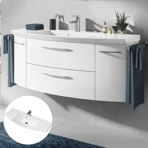 Lomadox Waschtisch CERVIA-66 mit Waschbecken in Hochglanz Weiß - Eleganter Badezimmerwaschtisch CERVIA-66, 121 cm breit, inklusive hochwertigem Waschbecken. Hochglänzende Oberfläche und stabile Chromgriffe bieten stilvolle Funktionalität.