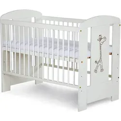 Babybett GIRAFFE 120x60 cm - Höhenverstellbar mit Matratze - Hochwertiges Gitterbett aus Kiefernholz, höhenverstellbar für eine sichere Nutzung. Mit schöner Giraffen-Applikation und abnehmbaren Sprossen, ideal für Ihr Baby.