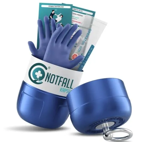 Notfallkapsel L Dunkelblau - Kompaktes Erste Hilfe Set für unterwegs - Persönlicher Tabletten-Organizer, wasserdicht und stoßfest. Ideal für Auto, Reisen & Outdoor – immer bereit für Notfälle mit Schutzhandschuhen und Anleitung.