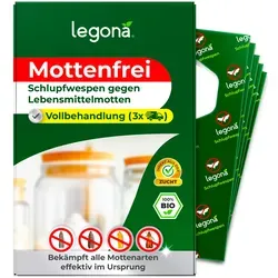Legona® Schlupfwespen gegen Lebensmittelmotten | Effektive biologische Bekämpfung - Schädlingsbekämpfung mit 25 Karten à 3 Lieferungen für nachhaltigen Schutz vor Lebensmittelmotten – sicher für Kinder und Haustiere!