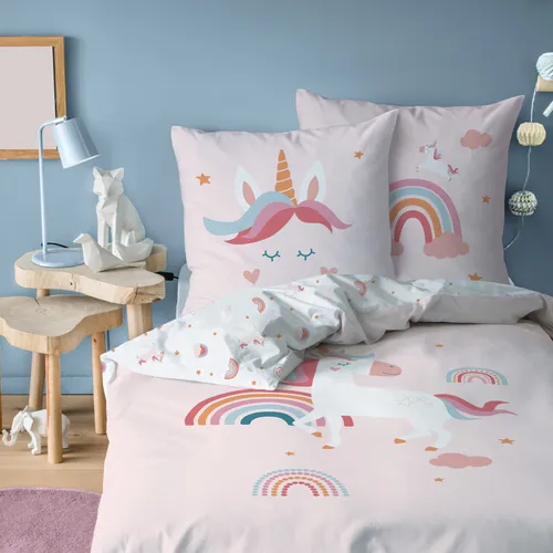 MTOnlinehandel Unicorn Bettwäsche - Regenbogen Einhorn Emma - Bettwaren-Set für Kinder, bestehend aus 135x200 cm Bettbezug und 80x80 cm Kissenbezug. Aus 100% hochwertiger Baumwolle für langanhaltenden Komfort und eine fröhliche Atmosphäre im Kinderzimmer.