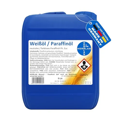 HERRLAN® Paraffinöl Ph. Eur. 5 Liter – Weißöl - Holzöle – Hochwertiges medizinisches Paraffinöl in Ph. Eur. Qualität, farblos und geruchslos, ideal für Pflege, Reinigung und technische Anwendungen.