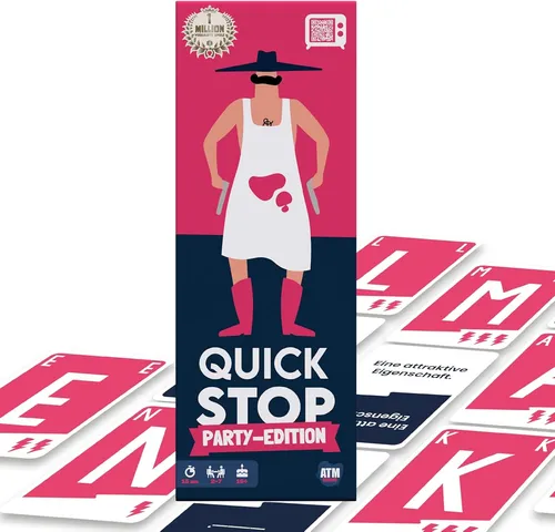 ATM Gaming Quickstop - Das Buchstaben-Duell - Party-Edition - Deckkartenspiel für 2 bis 8 Spieler, perfekt für lustige Spieleabende mit kreativen Kategorien, schnell und unterhaltsam – ideal für Partys und Geschenke!
