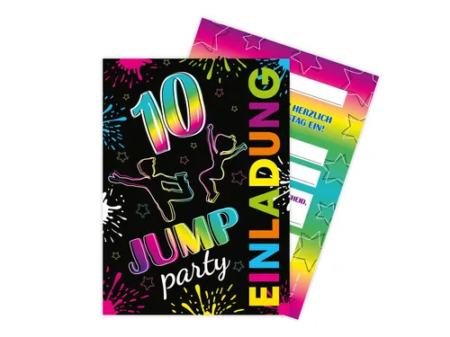 LIMONIA Einladungskarten Jump Party zum 10. Kindergeburtstag Jungs Mädchen Einladung Trampolin, Einladungskarten zum 10. Geburtstag Trampolinpark Jump Party