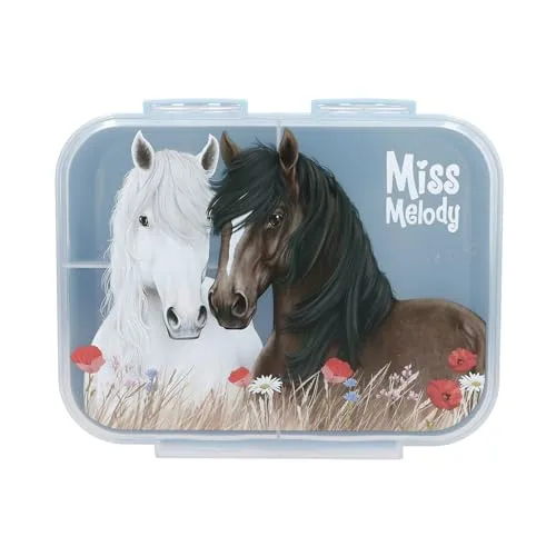 Depesche 13398 Miss Melody Dusty Rose - Brotdose in Hellblau, mit Pferde Motiv und Mohnblumen, Lunchbox mit 3 Fächern und transparentem Deckel