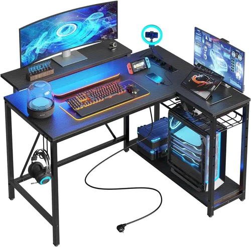 Bestier Gamingtisch L-Form mit LED - L-förmiger Kinderschreibtisch mit RGB-Beleuchtung und praktischen USB-Ladeanschlüssen. Ideal für Gaming, Home Office oder Lernen – bietet viel Stauraum und eine anpassbare Arbeitsstation.