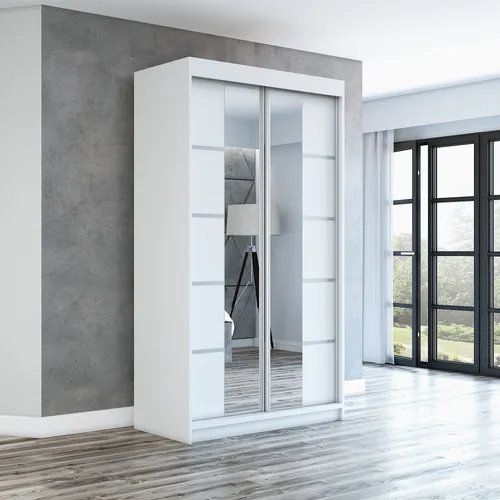 Schwebetürenschrank ERA 120 cm mit Spiegel - Moderne Schwebetürenschrank in Weiß, 120 cm breit, mit hochwertigem Schiebetürsystem für platzsparende Nutzung und einfache Handhabung.