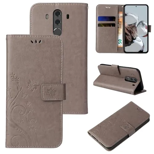 LBH Handy Hülle für Huawei Mate 10 Pro Case Handytasche Schmetterling Blumen Flower Standfunktion Schutzhülle Magnet Rundum Schutz 360 Grad Flipcase Cover Grau
