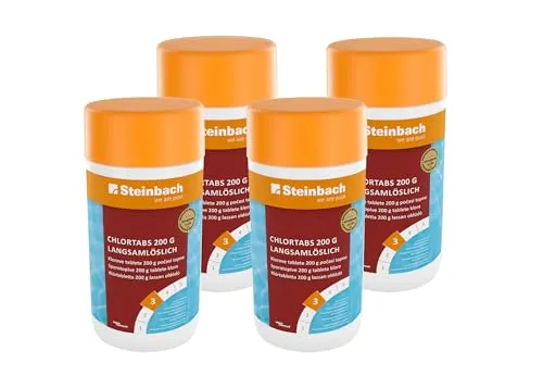 Steinbach Poolpflege Chlortabs 200 g - Langsam löslich für dauerhafte Poolhygiene - Die 200 g Chlortabs sorgen für langanhaltende Poolhygiene mit minimalem Aufwand. Ideal für sauberes Wasser, pH-neutral und kalkfrei. Rückstandsfreie Auflösung schont die Pooltechnik und sorgt für sorgenfreien Badespaß.