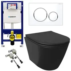 Alpenberger WC-Komplettset Spülrandloses WC – Toilette mit WC Deckel mit Absenkautomatik Schwarz, Wand Montage, (Unterputz Spülkasten WC Set Geberit Duofix Bausatz und Betätigungsplatte), Wand WC mit Geberit Spülkasten schwarz WC Komplett Set