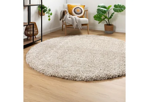Steffensmeier Hochflor Teppich Twilight - Ø160 cm rund, Creme meliert - Eleganter Hochflor Teppich für das Wohnzimmer mit 50 mm dickem Flor und Soft-Touch-Effekt. Aus hochwertigem Polypropylen für Langlebigkeit und Farbstabilität.