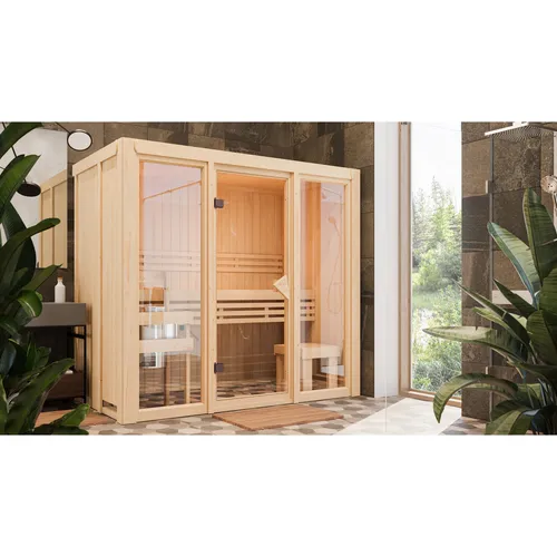 Karibu Innensauna "View" 2 SET naturbelassen mit 3,6kW Bio Ofen - Sauna für Zuhause mit 68 mm Wandstärke für optimale Isolierung und schnelle Montage, ideal für entspannende Wellnessmomente.