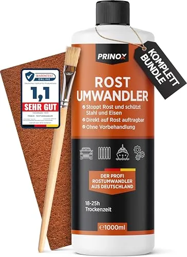 PRINOX Profi Rostumwandler 1000ml Set - Effektiver Rostentferner für Auto und Fahrrad - Effektiver Rostumwandler mit 1000 ml für die schnelle Anwendung. Inklusive Pinsel und Schleifvlies zur optimalen Nachbearbeitung. Schützt nachhaltig vor Korrosion und ermöglicht direktes Lackieren nach der Trocknung.