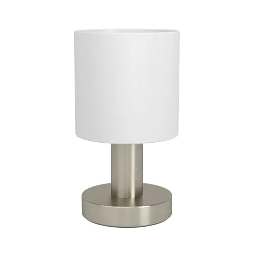 EGLO Tischlampe Monetto, kleine Deko Tischleuchte Wohnzimmer, elegante Nachtischlampe, Schlafzimmer Lampe silber mit Textil Lampenschirm in Weiß, E14 Fassung, H 18 cm