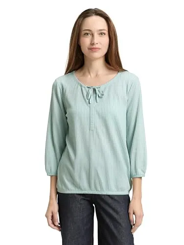 TOM TAILOR 3/4-Arm-Shirt mit Streifenmuster in Blau (Größe S) - Stylisches Blusenshirt mit Henley-Ausschnitt und 3/4-Ärmeln, aus 67% hochwertiger Bio-Baumwolle für angenehmen Tragekomfort. Perfekt für lässige Outfits!