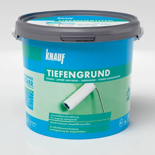 Knauf Tiefengrund 5 l - Hochwertiger Tiefengrund für optimale Haftung - Wandreparatur-Kits & Wandreparatur-Produkte, sorgt für perfekte Grundierung und verbessert die Haftung von Farbe und Putz.