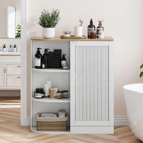 Eckschrank mit offenen Lagerschränken und verstellbaren Regalen - Robuster Eckbadezimmerschrank aus hochwertiger MDF-Platte, ideal für flexible Aufbewahrung. Mit offenen Regalen für schnellen Zugriff und verstellbaren Fächern für zusätzlichen Stauraum. Maße: 68 x 25 x 76 cm.