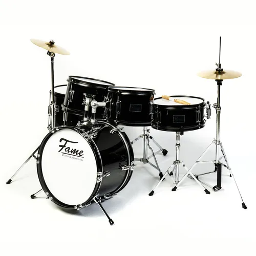 Fame Schlagzeug Set 5-teilig - Piano Black - Schlagzeug Komplett-Set mit 5 Trommeln, 2 Becken, Ständern und Hocker. Hochwertige Holzkessel sorgen für exzellenten Sound, ideal für Einsteiger und Zuhause.