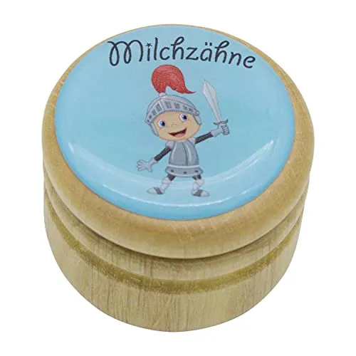 GICO Milchzahndose, Zahndose Milchzähne Bilderdose mit diversen Motiven aus Holz für Jungen und Mädchen mit Drehverschluss 44 mm (Ritter)