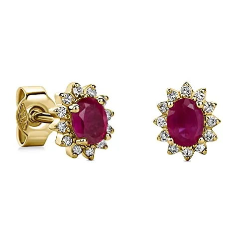 Miore Damen Ohrringe mit 0.09 Ct Diamant und rotem Rubin - Elegante Ohrstecker aus 9K Gelbgold mit funkelnden 24 Diamanten und einem ovalen roten Rubin. Perfekt als Geschenk für besondere Anlässe, stilvoll und zeitlos.