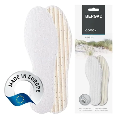 BERGAL COTTON, 1 Paar Barfuß-Sohlen, weich & dünn, 100% Baumwolle + Latexschaum-Polsterung, mit hoher Feuchtigkeitsaufnahme für frische Füße den ganzen Tag, hautfreundlich und waschbar, Gr. 44