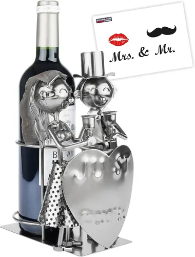 BRUBAKER Weinflaschenhalter Just Married - Hochzeitsflaschenhalter für Brautpaare - Eleganter Metall-Flaschenhalter in Silber, ideal als Geschenk zur Hochzeit oder für den Hochzeitstag. Inklusive Geschenkkarte, um besondere Momente zu feiern.