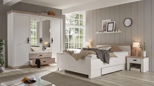 Schlafzimmer Roble in Weiß - Komplett-Schlafzimmer mit hochwertigen Materialien, ideal für stilvolle Einrichtung. Maße: B: 217 cm, H: 201 cm. Erhalten Sie 10€ Willkommens-Gutschein bei Newsletter-Anmeldung.