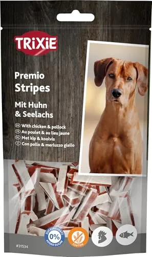 TRIXIE Premio Stripes mit Huhn & Seelachs - glutenfrei & ohne Zuckerzusatz - 65 % Fleisch- & 18 % Fischgehalt - perfekte Belohnung für Training & Spaziergänge - 75g - 31534