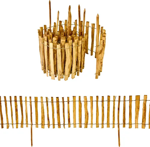 Staketenzaun mit Pfosten aus Haselnuss - 35 cm hoch, 500 cm lang - Dekorative Zäune aus 100% natürlichem Haselnuss-Holz, witterungsbeständig und bis zu 20 Jahre haltbar. Ideal zur Abgrenzung von Beeten und als Klettergerüst für Pflanzen.