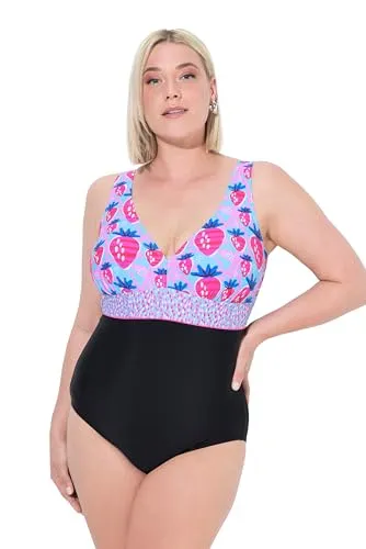 Ulla Popken Badeanzug mit Erdbeeren und Zierband - Sportlicher Badeanzug in Schwarz, Größe 48, mit Softcups und recyceltem Material. Ideal für umweltbewusste Schwimmerinnen.