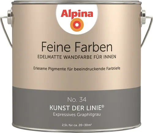 Alpina Feine Farben No. 34 - Kunst der Linie® edelmatt 2,5 Liter - Edelmatte Wandfarbe in expressivem Graphitgrau für Innen. Erlesene Pigmente sorgen für beeindruckende Farbtiefe und strapazierfähige Oberflächen. Ideal für ca. 20-30m², lösemittel- und konservierungsmittelfrei.