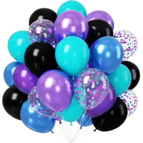 Luftballons Schwarz Lila Blaugrün, 60 Stück Luftballons Geburtstag Metallic Lila Blau Mit Konfetti Helium Balloons für Mädchen Geburtstag Babyparty Hochzeit Graduierung Feier Deko Baby Shower Deko