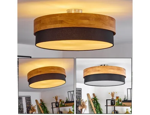 hofstein Deckenleuchte »Campitello« – Skandinavisches Design in Nickel-matt und Natur - Moderne Deckenleuchte aus Metall, Holz und Stoff, ideal für Schlafzimmer und Wohnzimmer. Mit Ø47,5 cm und 3xE27 Fassung, perfekt für individuelle Lichtgestaltung.